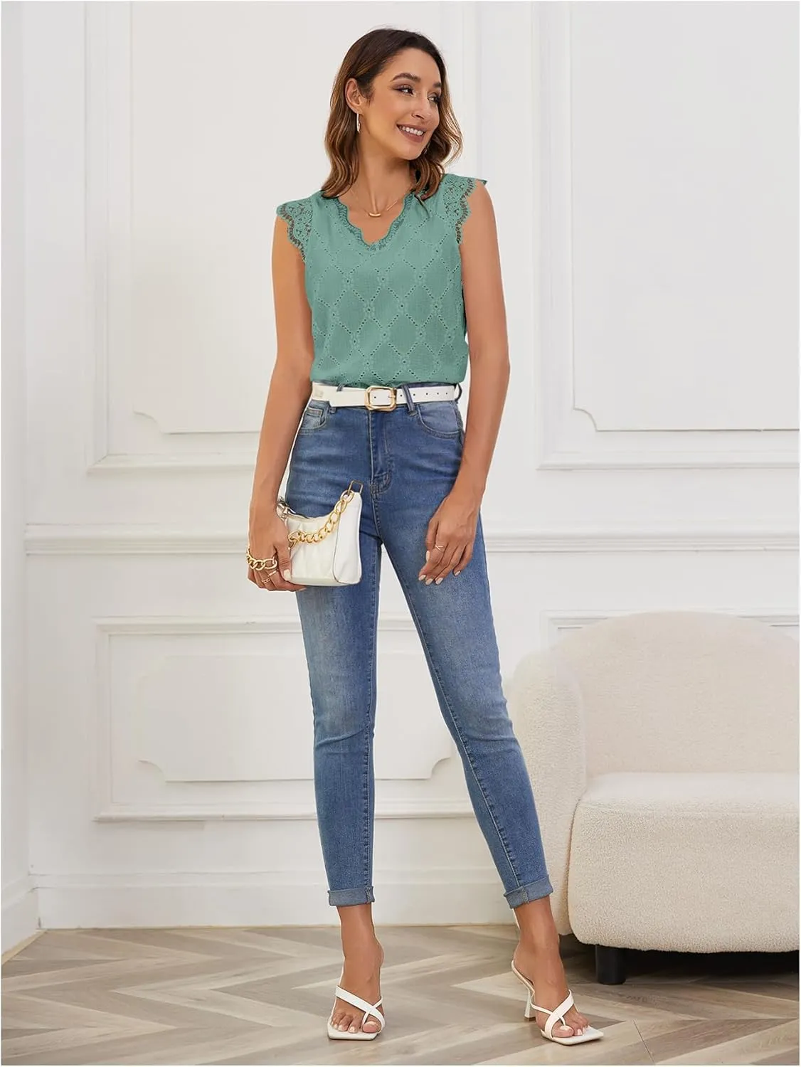 SweatyRocks Women's Floral Lace Scallop Trim Cap Sleeve Eyelet Embroidery V Neck Tee Shirt