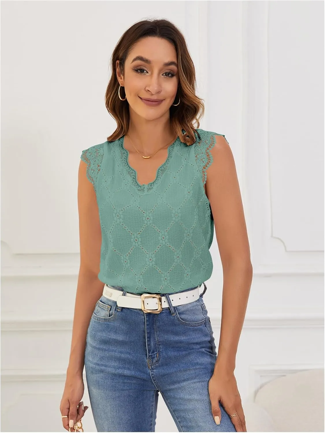 SweatyRocks Women's Floral Lace Scallop Trim Cap Sleeve Eyelet Embroidery V Neck Tee Shirt