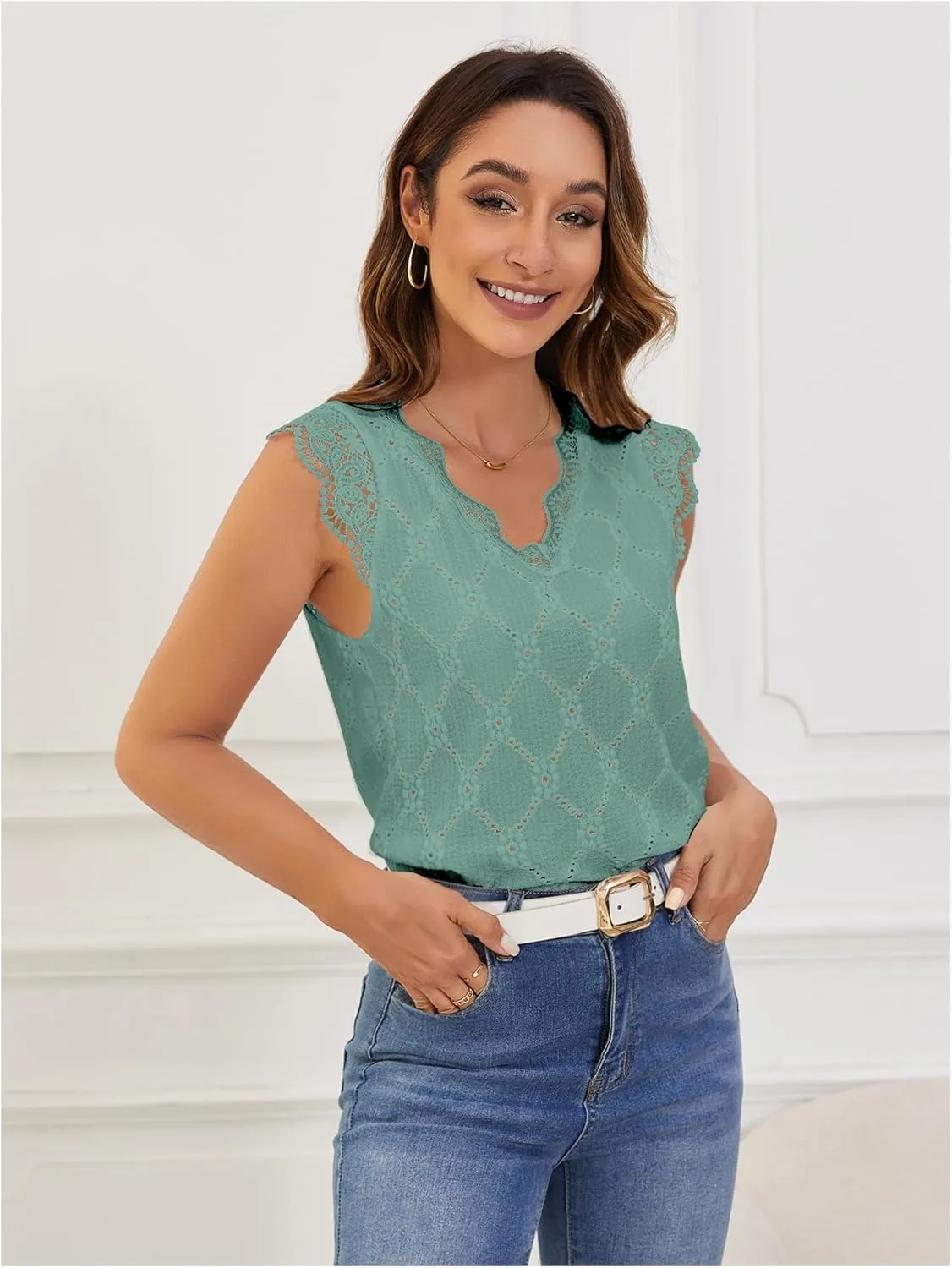 SweatyRocks Women's Floral Lace Scallop Trim Cap Sleeve Eyelet Embroidery V Neck Tee Shirt