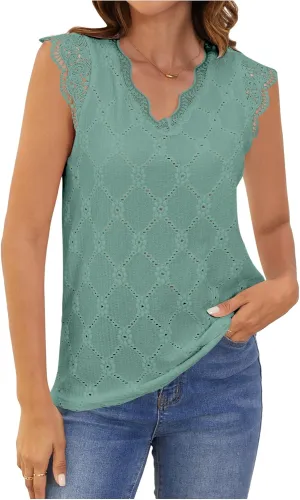 SweatyRocks Women's Floral Lace Scallop Trim Cap Sleeve Eyelet Embroidery V Neck Tee Shirt