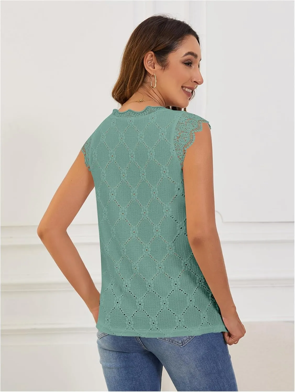 SweatyRocks Women's Floral Lace Scallop Trim Cap Sleeve Eyelet Embroidery V Neck Tee Shirt