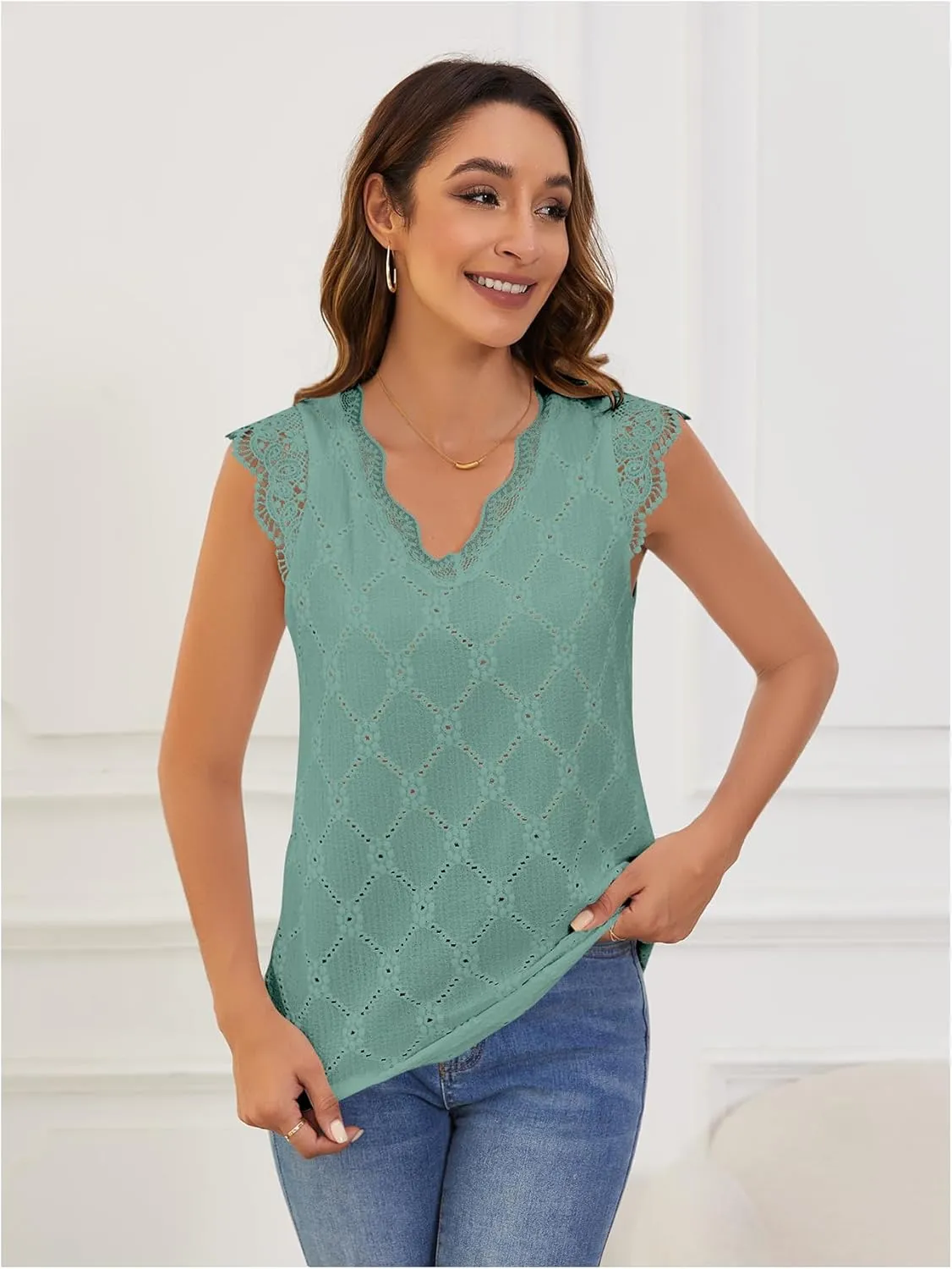 SweatyRocks Women's Floral Lace Scallop Trim Cap Sleeve Eyelet Embroidery V Neck Tee Shirt