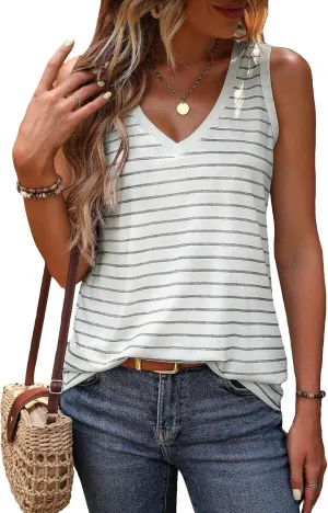 SweatyRocks Women's Striped Print Tank Top V Neck Sleeveless Casual Basic Loose Tee Shirts