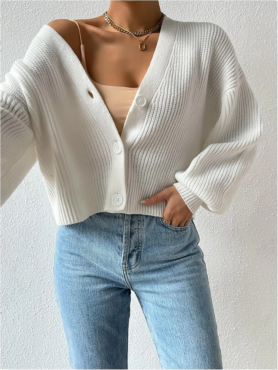 SweatyRocks Women's V Neck Long Sleeve Button Crop Cardigan Rib Knit Open Front Sweater