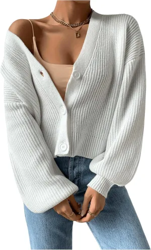 SweatyRocks Women's V Neck Long Sleeve Button Crop Cardigan Rib Knit Open Front Sweater