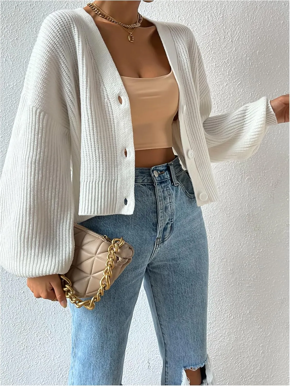 SweatyRocks Women's V Neck Long Sleeve Button Crop Cardigan Rib Knit Open Front Sweater
