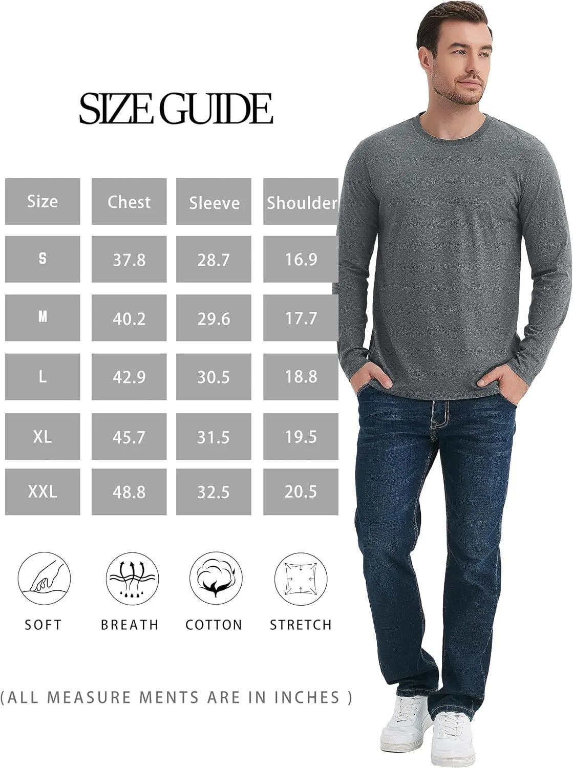 TACVASEN Long Sleeve Shirts for Men Cotton Classic Crew-Neck Moisture Wicking Mens Undershirt Comfort Solid Tee Shirt