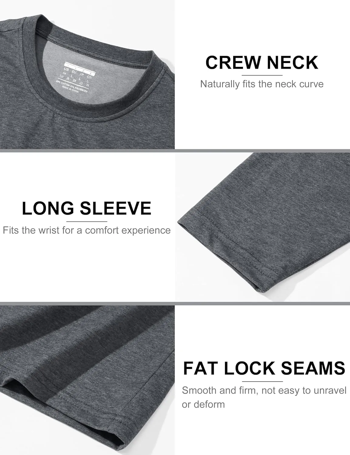 TACVASEN Long Sleeve Shirts for Men Cotton Classic Crew-Neck Moisture Wicking Mens Undershirt Comfort Solid Tee Shirt