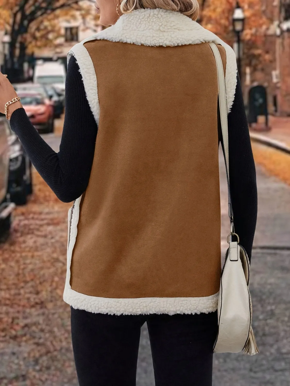 Tan Contrast Open Front Sherpa Vest Coat | Sweater Weather | Cozy Season