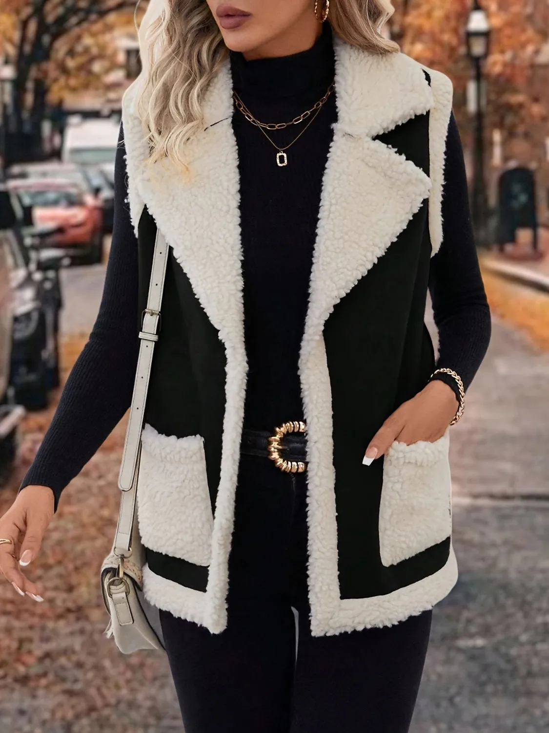 Tan Contrast Open Front Sherpa Vest Coat | Sweater Weather | Cozy Season