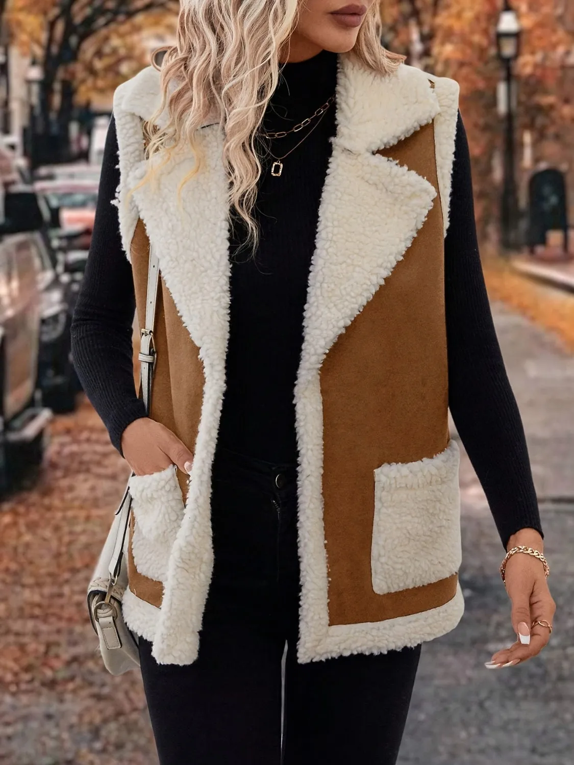 Tan Contrast Open Front Sherpa Vest Coat | Sweater Weather | Cozy Season
