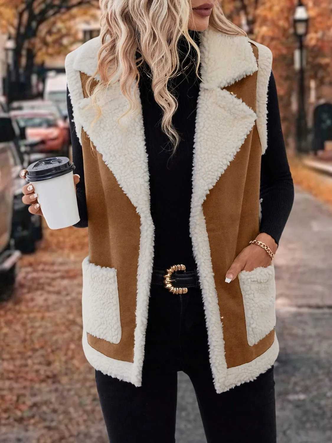 Tan Contrast Open Front Sherpa Vest Coat | Sweater Weather | Cozy Season