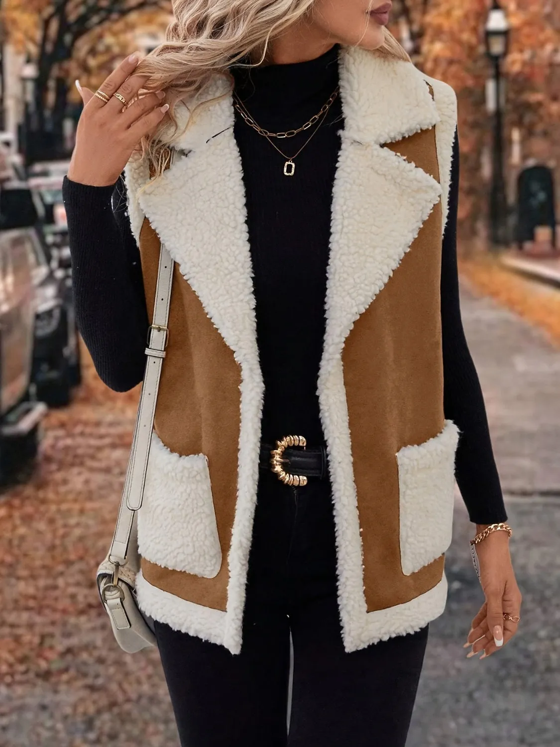 Tan Contrast Open Front Sherpa Vest Coat | Sweater Weather | Cozy Season