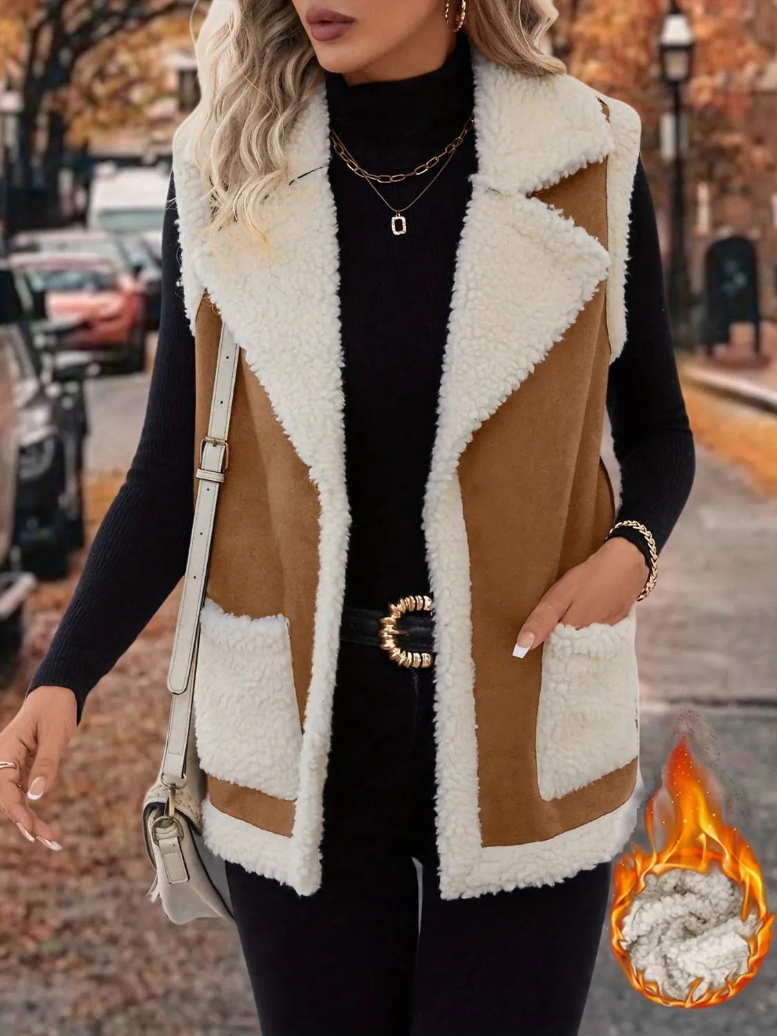 Tan Contrast Open Front Sherpa Vest Coat | Sweater Weather | Cozy Season