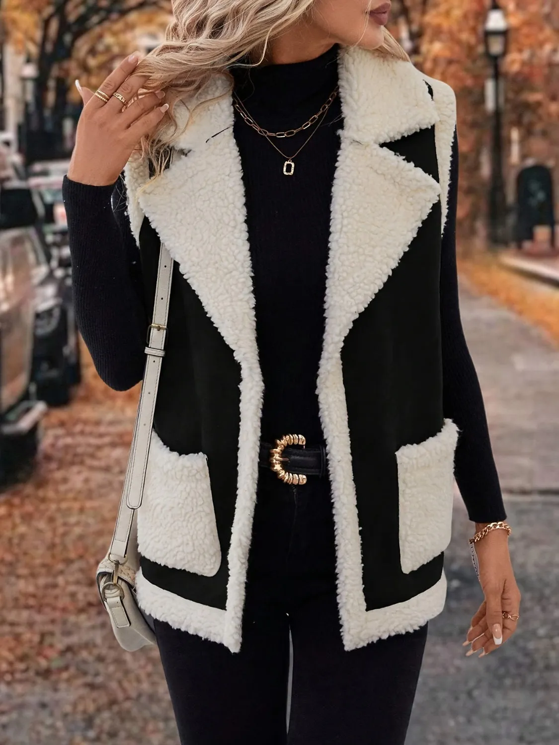 Tan Contrast Open Front Sherpa Vest Coat | Sweater Weather | Cozy Season