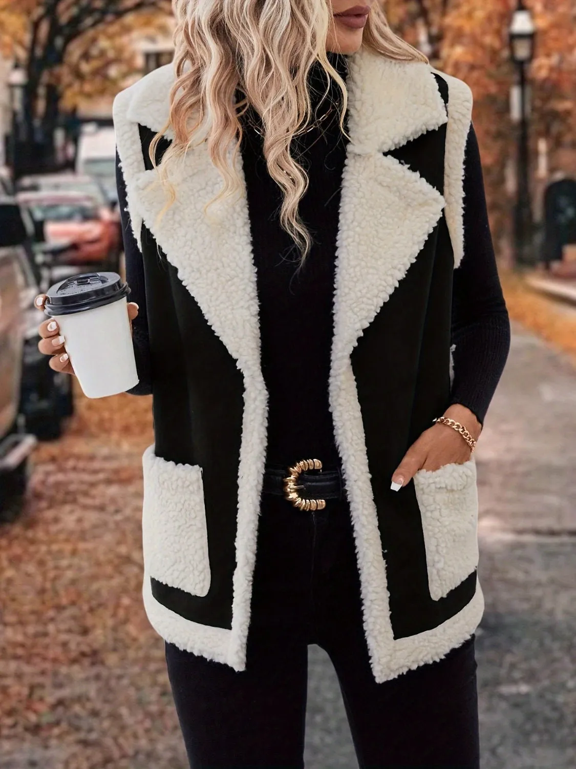 Tan Contrast Open Front Sherpa Vest Coat | Sweater Weather | Cozy Season