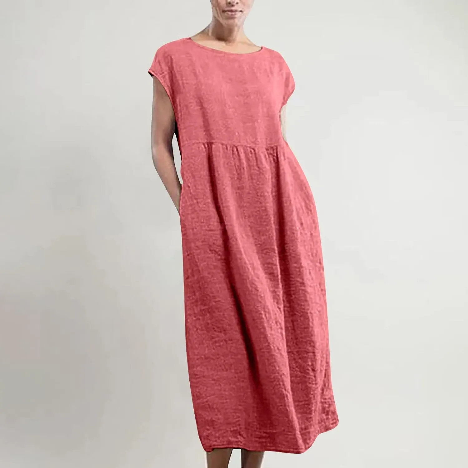TANGNADE Womens Cotton Linen Maxi Dress Summer Solid Color Short Sleeve Crew Neck Dresses Plus Size Flowy Beach Dress