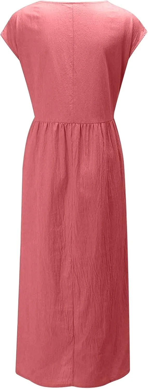 TANGNADE Womens Cotton Linen Maxi Dress Summer Solid Color Short Sleeve Crew Neck Dresses Plus Size Flowy Beach Dress