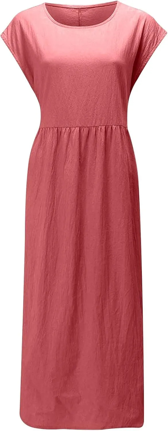 TANGNADE Womens Cotton Linen Maxi Dress Summer Solid Color Short Sleeve Crew Neck Dresses Plus Size Flowy Beach Dress