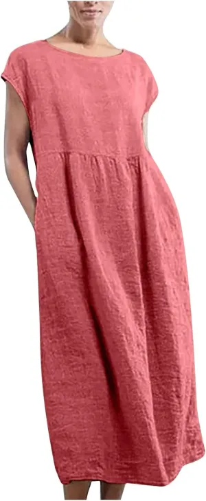 TANGNADE Womens Cotton Linen Maxi Dress Summer Solid Color Short Sleeve Crew Neck Dresses Plus Size Flowy Beach Dress