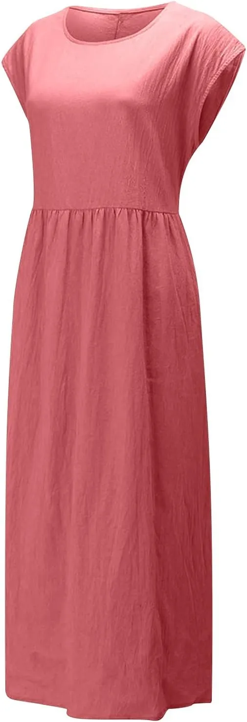 TANGNADE Womens Cotton Linen Maxi Dress Summer Solid Color Short Sleeve Crew Neck Dresses Plus Size Flowy Beach Dress