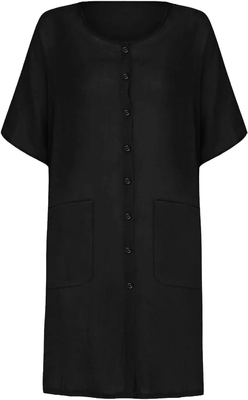 TANGNADE Womens Cotton Linen Midi Dresses Summer Casual Short Sleeve Beach Cover Up Shirts Loose Flowy Dress