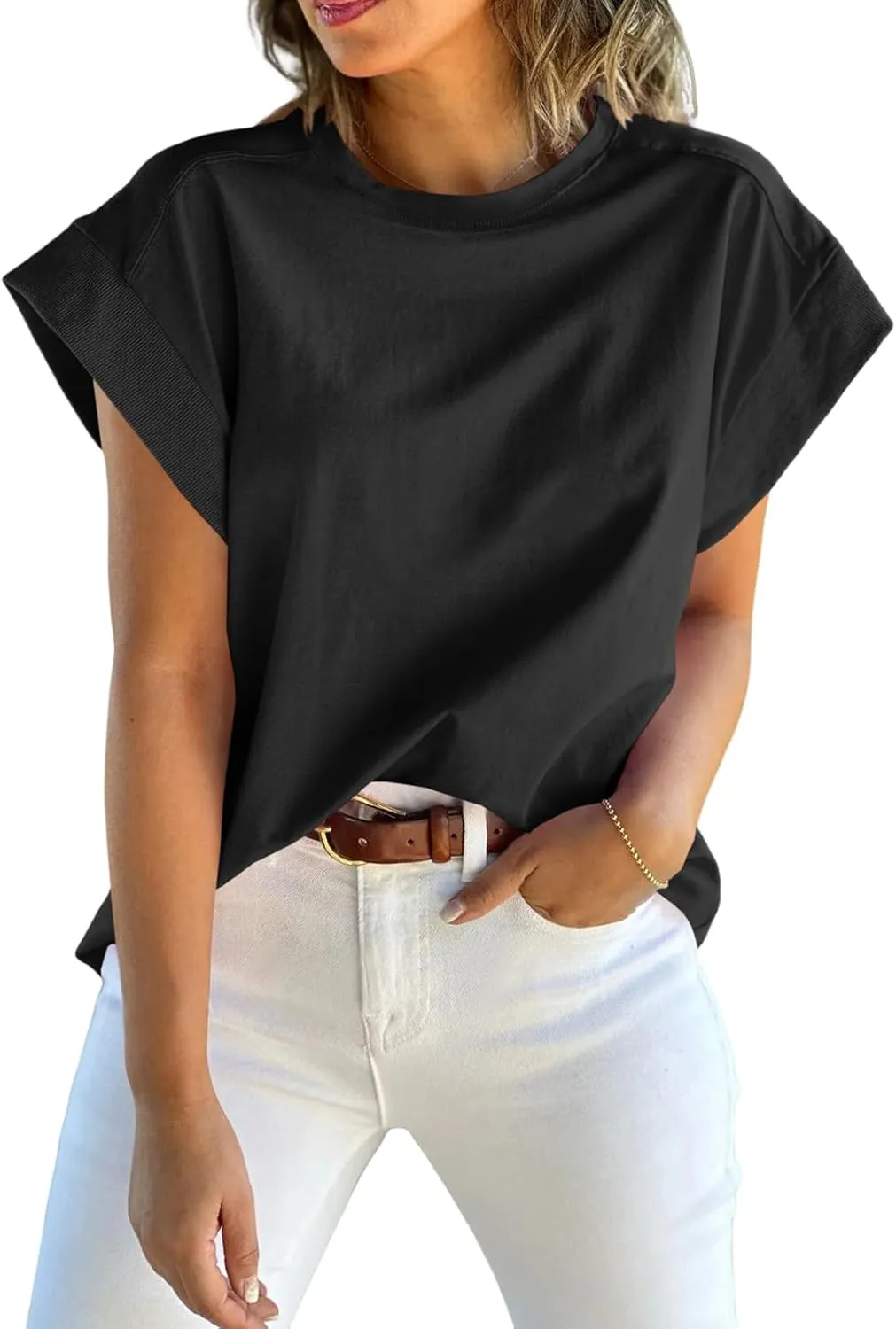Tankaneo Womens Summer Cap Sleeve Tank Top Crew Neck Solid Casual Loose Fit Basic Tee Shirt