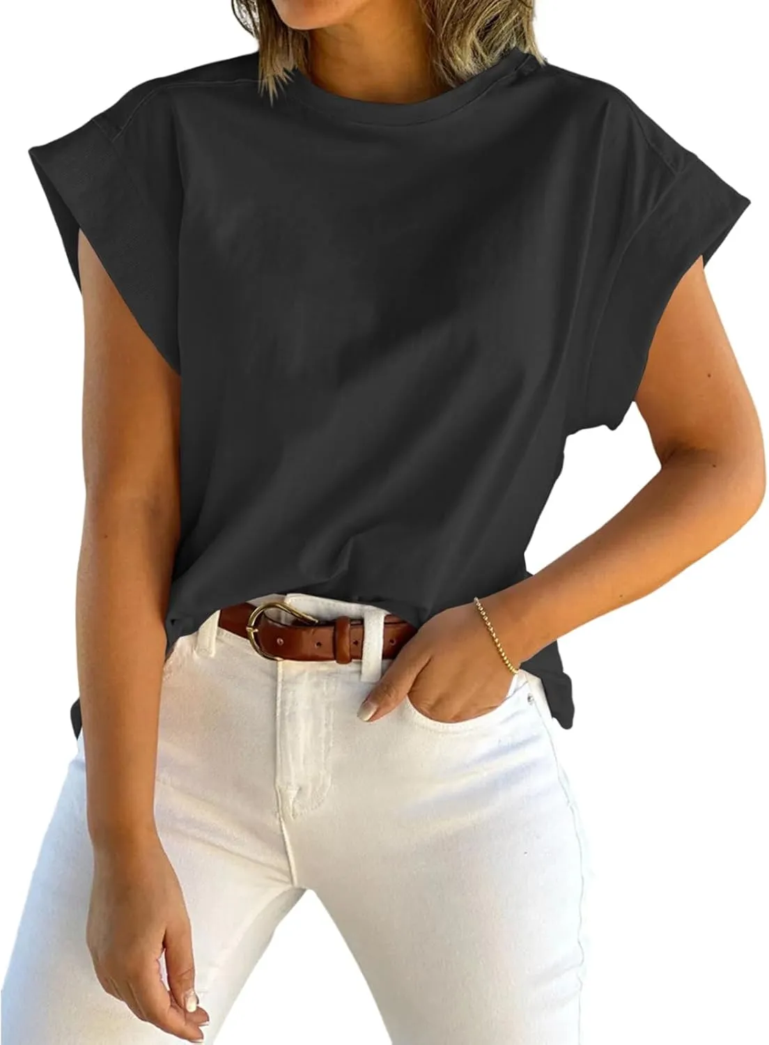 Tankaneo Womens Summer Cap Sleeve Tank Top Crew Neck Solid Casual Loose Fit Basic Tee Shirt