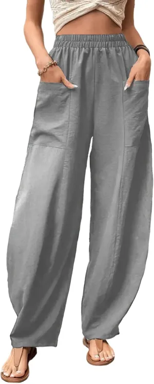TIAFORD Women's High Waist Baggy Linen Wide Leg Trousers Casual Solid Color Elastic Waist Harem Pants with Front Pockets