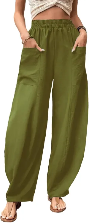 TIAFORD Women's High Waist Baggy Linen Wide Leg Trousers Casual Solid Color Elastic Waist Harem Pants with Front Pockets