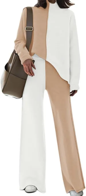 TOLENY Women's 2 Piece Lounge Sets Pullover Sweater and Wide Leg Pants Tracksuit Outfits