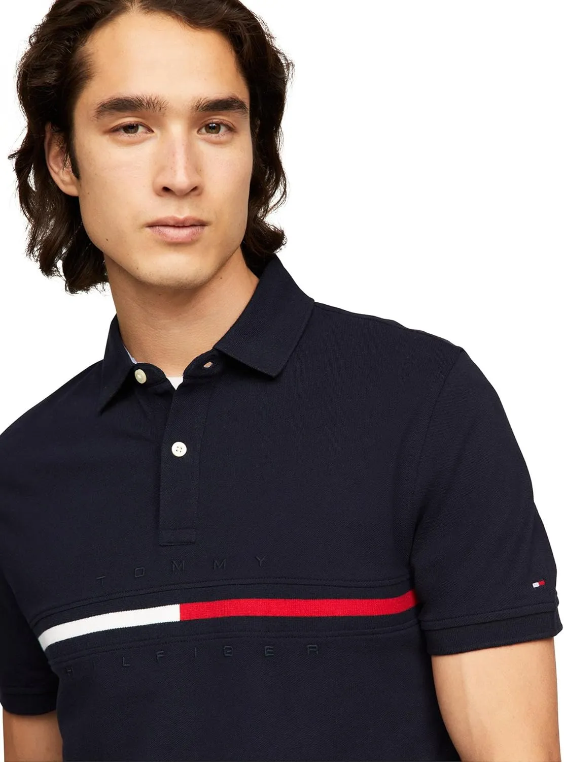 Tommy Hilfiger Men's Short Sleeve Cotton Pique Flag Graphic Polo Shirt in Custom Fit