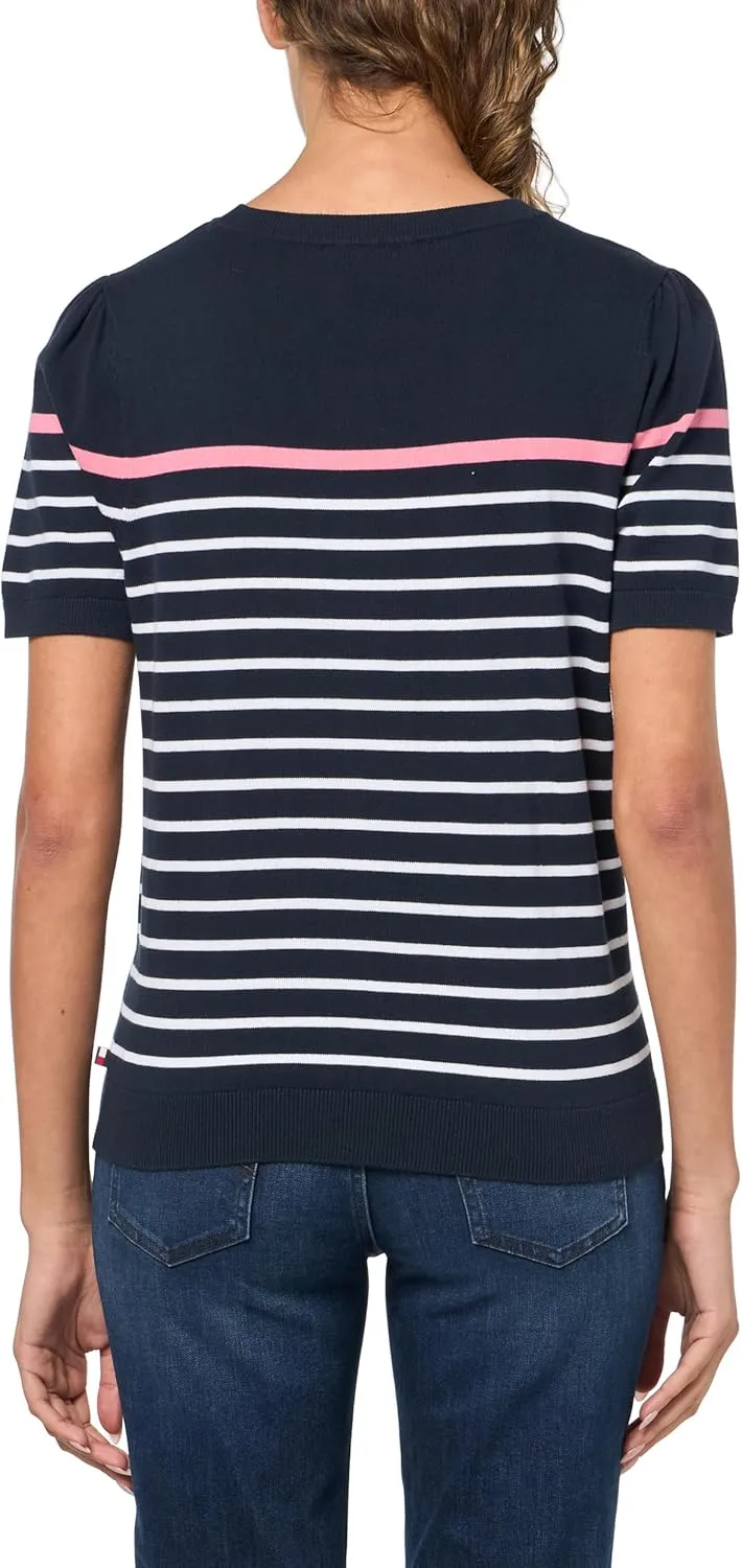 Tommy Hilfiger Women's Short Sleeve Striped Crewneck Pullover Sweater