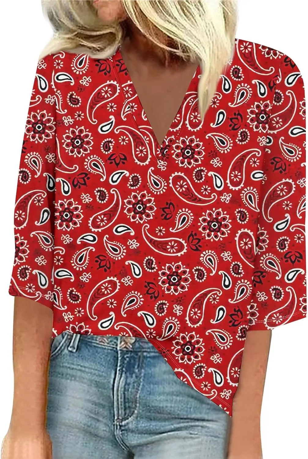 Tops for Women with Sleeves 3/4 Sleeve Shirts Lace V Neck Dressy Tops Trendy Summer Floral Blouses