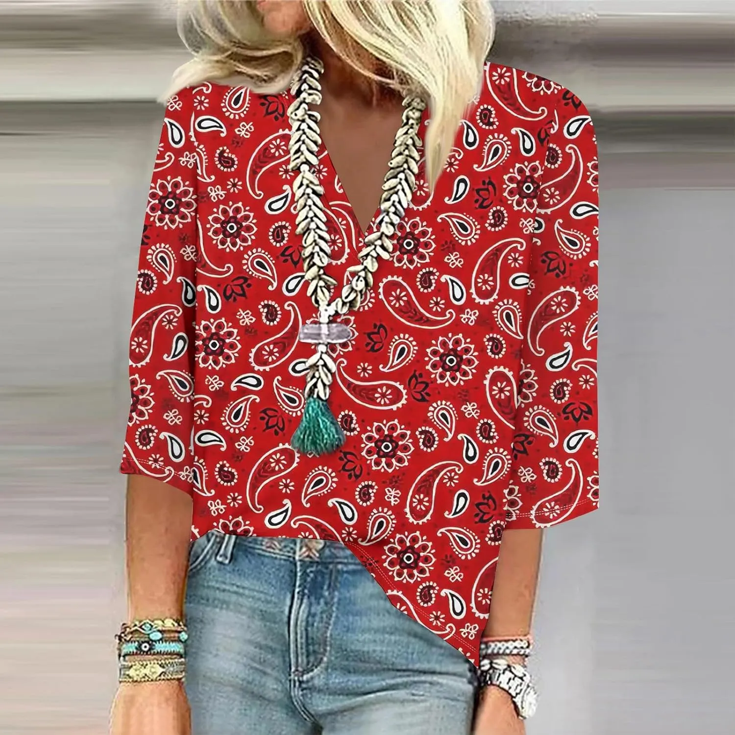 Tops for Women with Sleeves 3/4 Sleeve Shirts Lace V Neck Dressy Tops Trendy Summer Floral Blouses