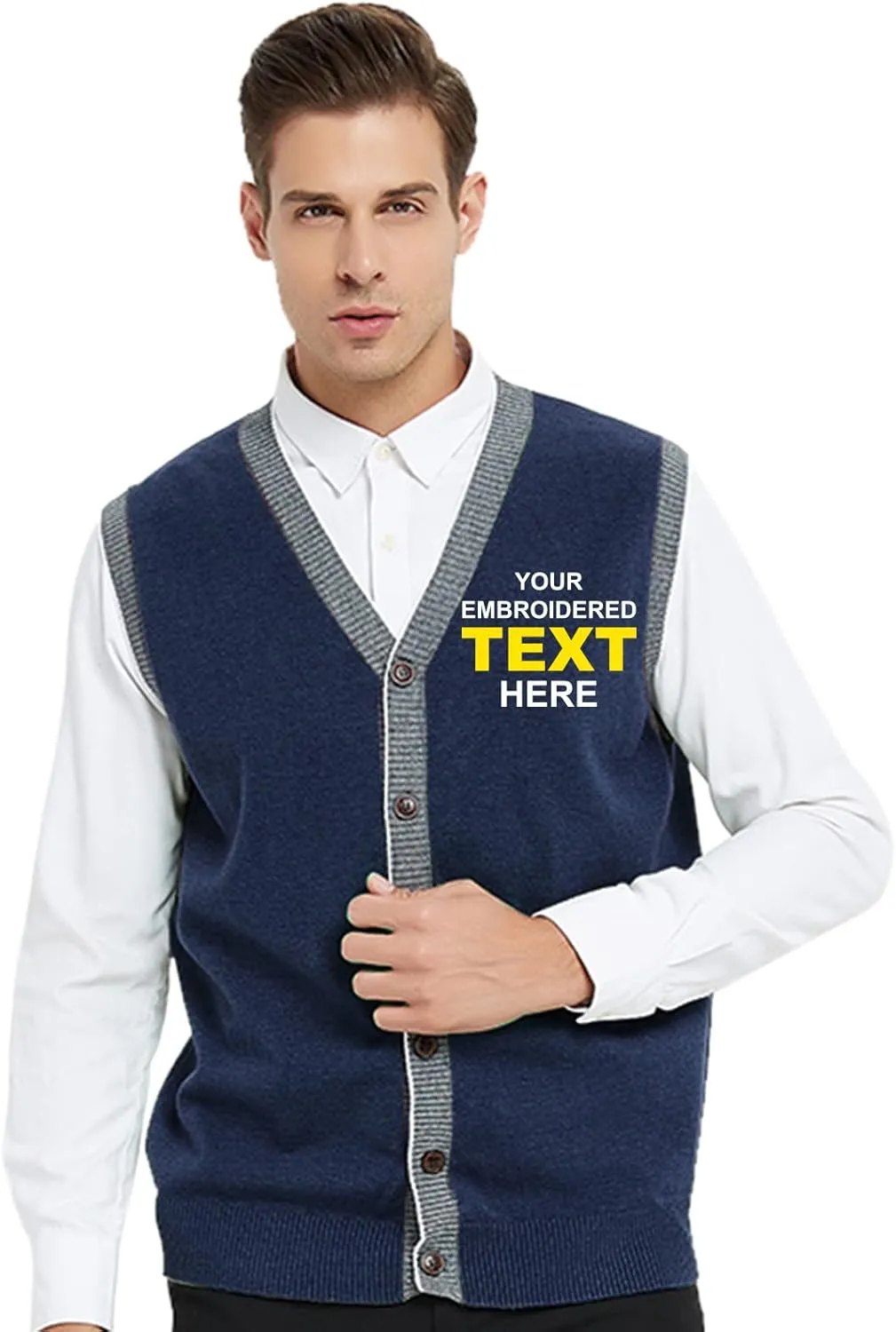 TopTie Custom Embroidered Monogrammed Men's Sleeveless Cardigan Sweater Vest Stylish Button