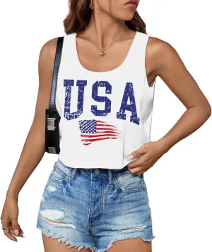 USA Tank Top Women American Flag Crop Tank 4th of July Patriotic Crop Shirts Summer Sleeveless Tee Tops