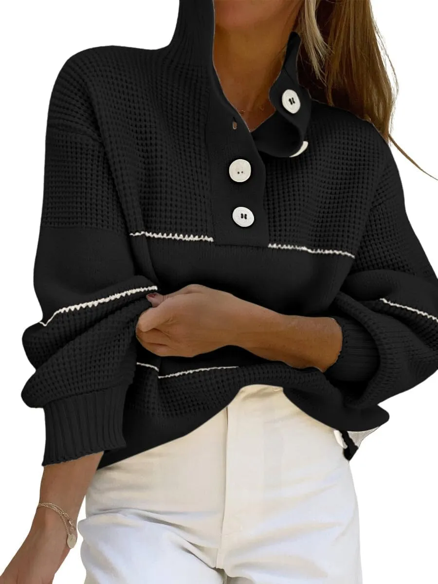 utcoco Womens 2025 Waffle Knit Sweater Striped Knit Tops Polo Collared Long Sleeve Pullover Sweaters