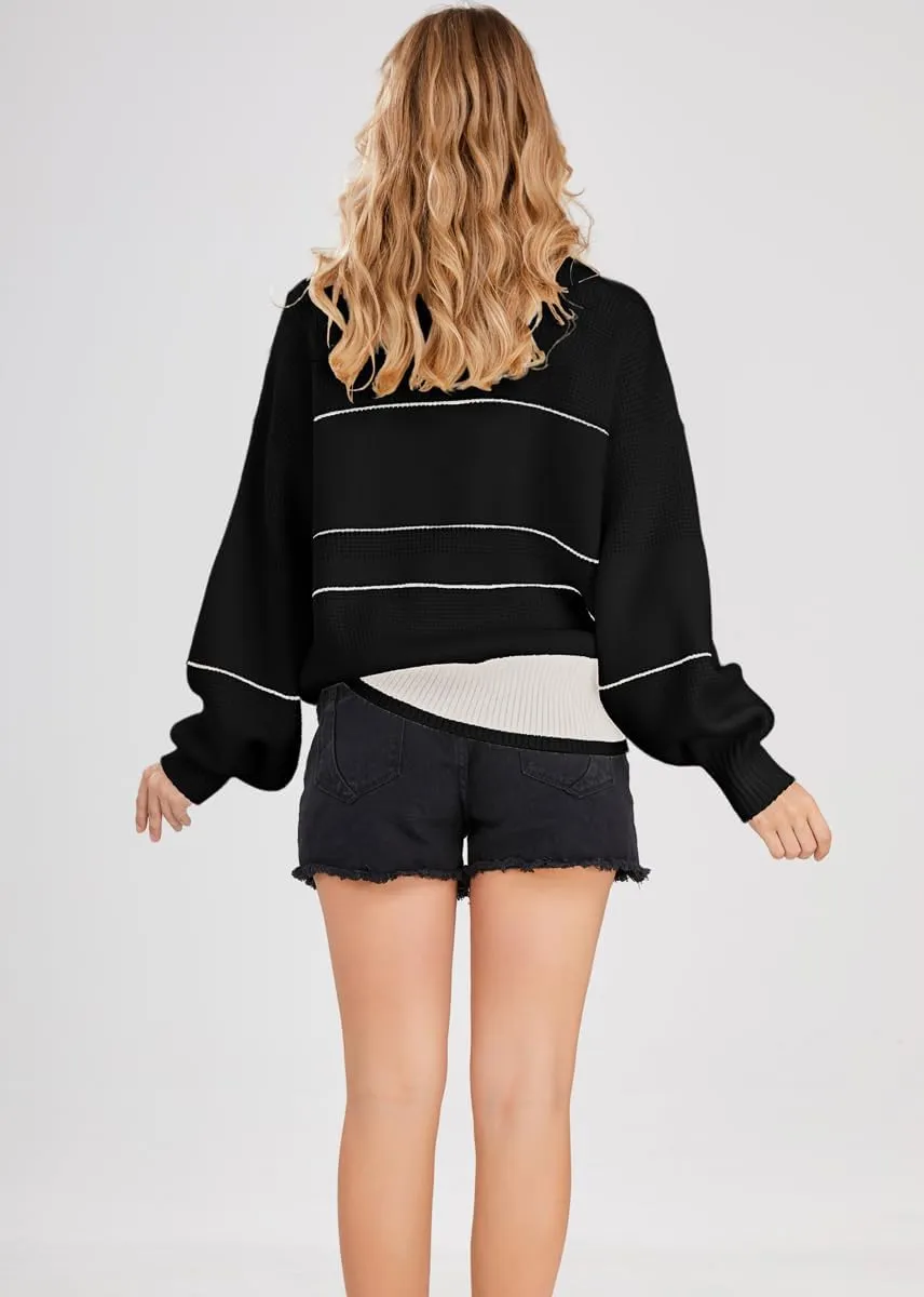 utcoco Womens 2025 Waffle Knit Sweater Striped Knit Tops Polo Collared Long Sleeve Pullover Sweaters