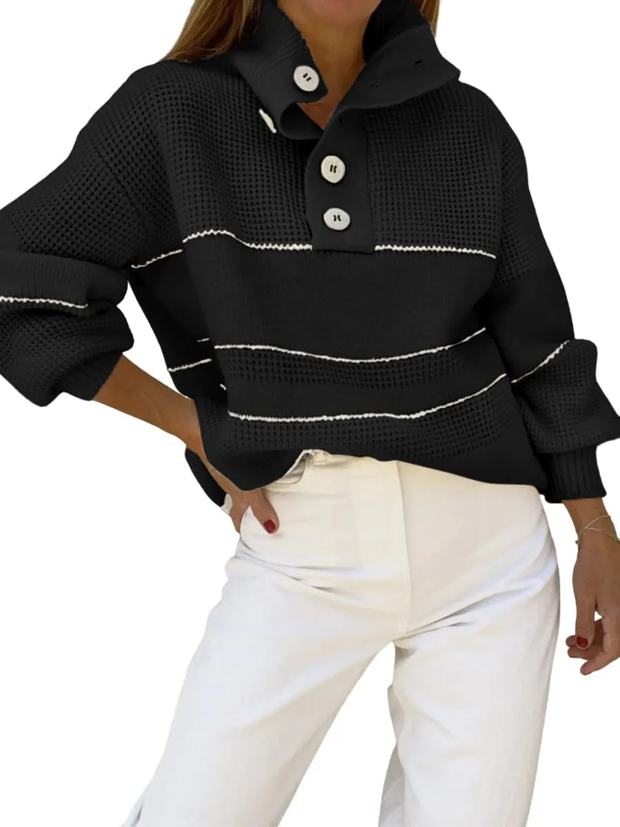 utcoco Womens 2025 Waffle Knit Sweater Striped Knit Tops Polo Collared Long Sleeve Pullover Sweaters