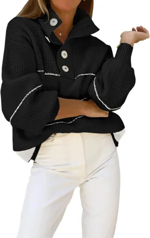 utcoco Womens 2025 Waffle Knit Sweater Striped Knit Tops Polo Collared Long Sleeve Pullover Sweaters