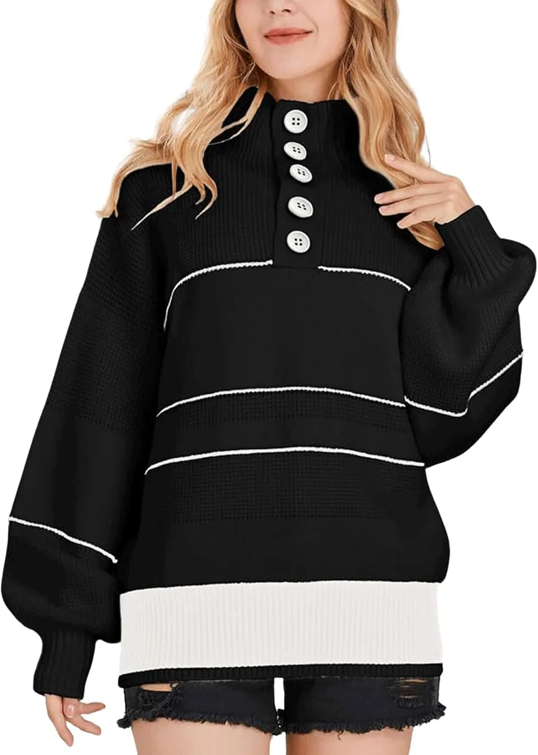 utcoco Womens 2025 Waffle Knit Sweater Striped Knit Tops Polo Collared Long Sleeve Pullover Sweaters