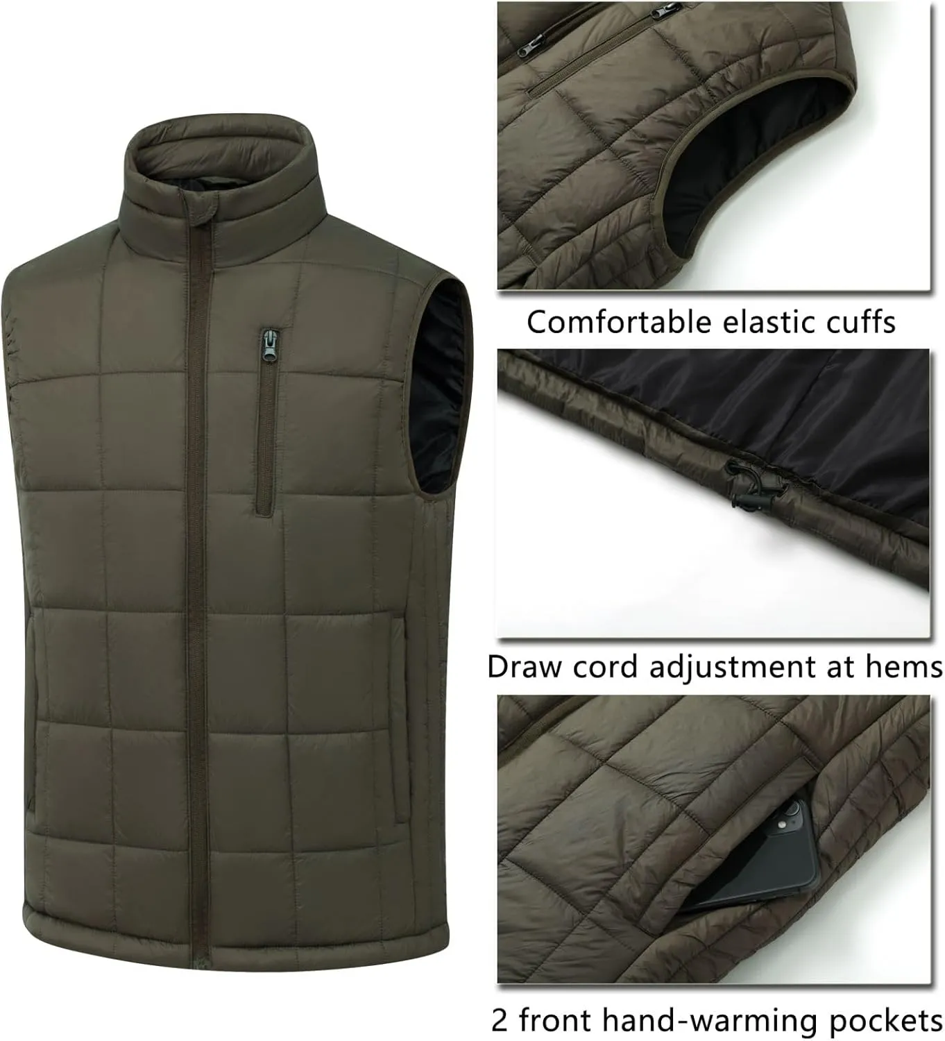 Vcansion Men's Outdoor Quilted Puffer Vest Stand Collar Lightweight Down Sleeveless Jacket Padded Vest
