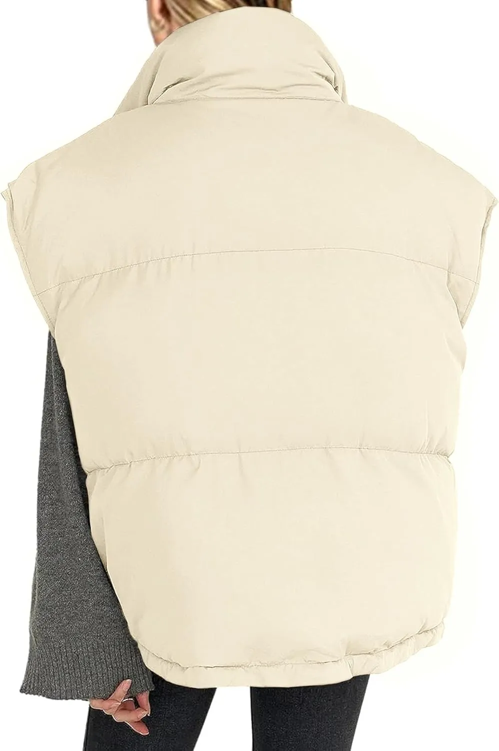 Veatzaer Womens Oversized Puffer Vest Outerwear Stand Collar Drawstring Hem Sleeveless Jackets Zip Warm Winter Coats