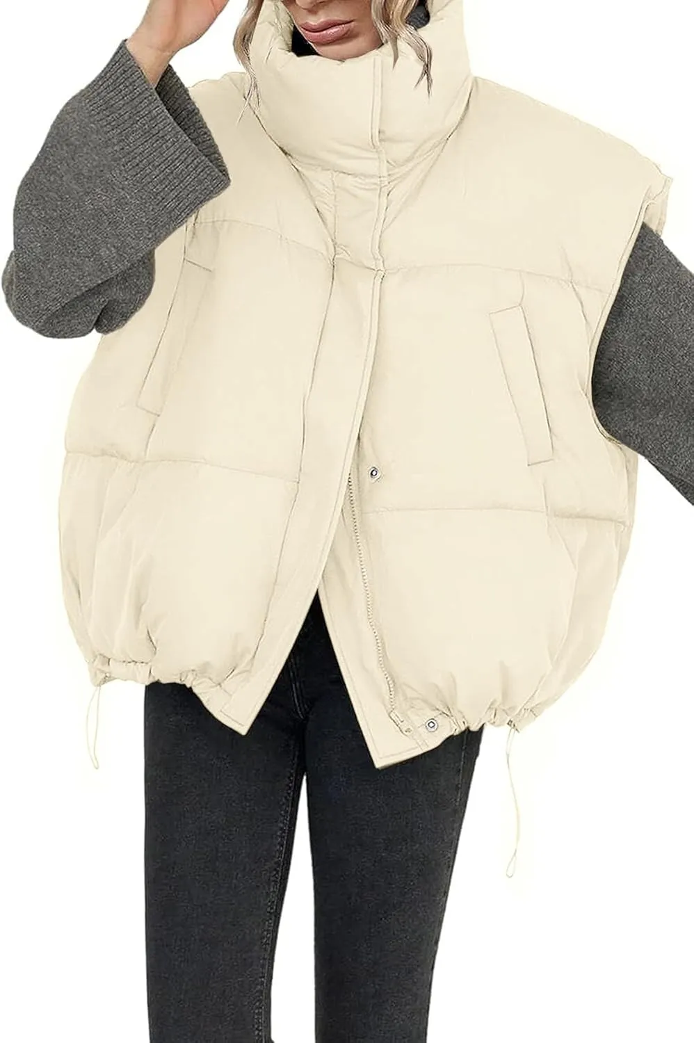 Veatzaer Womens Oversized Puffer Vest Outerwear Stand Collar Drawstring Hem Sleeveless Jackets Zip Warm Winter Coats