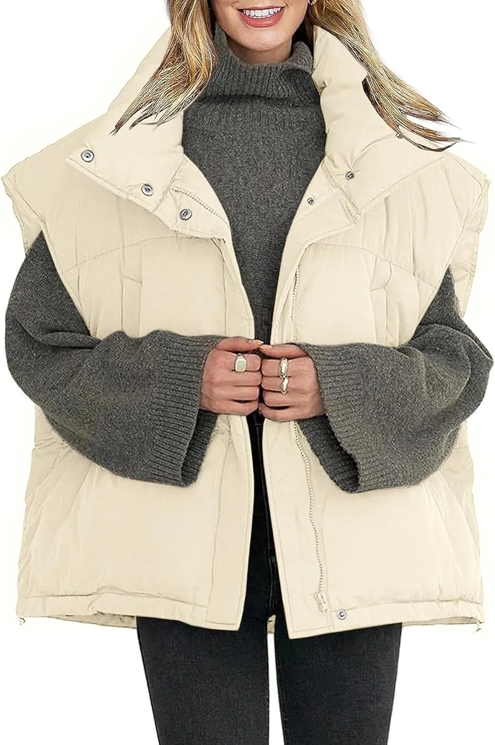 Veatzaer Womens Oversized Puffer Vest Outerwear Stand Collar Drawstring Hem Sleeveless Jackets Zip Warm Winter Coats