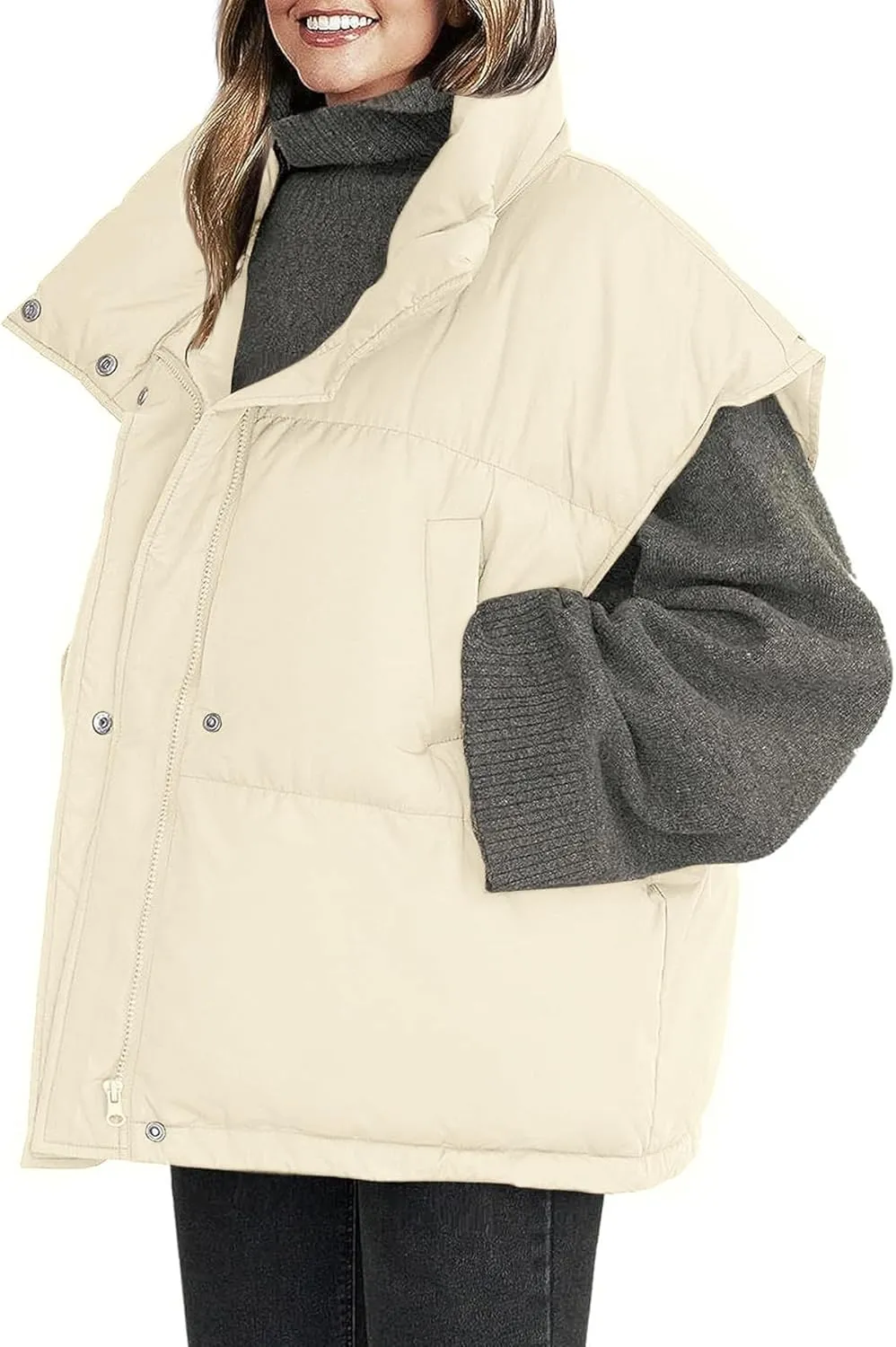 Veatzaer Womens Oversized Puffer Vest Outerwear Stand Collar Drawstring Hem Sleeveless Jackets Zip Warm Winter Coats