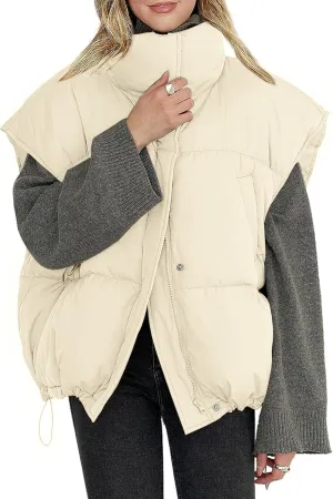 Veatzaer Womens Oversized Puffer Vest Outerwear Stand Collar Drawstring Hem Sleeveless Jackets Zip Warm Winter Coats