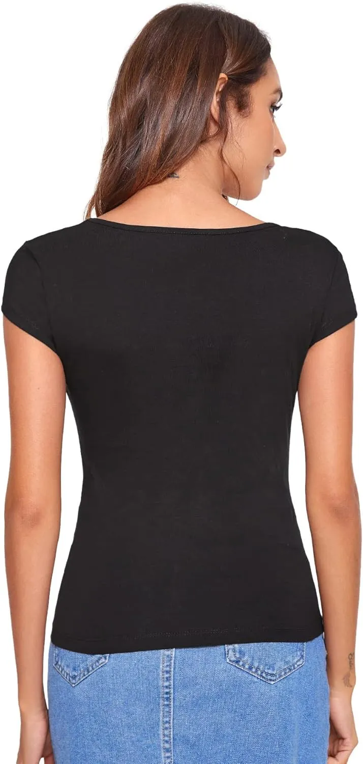 Verdusa Women's Basic Cap Sleeve Tops Slim Fitted Scoop Neck Casual Crop Tee Shirt