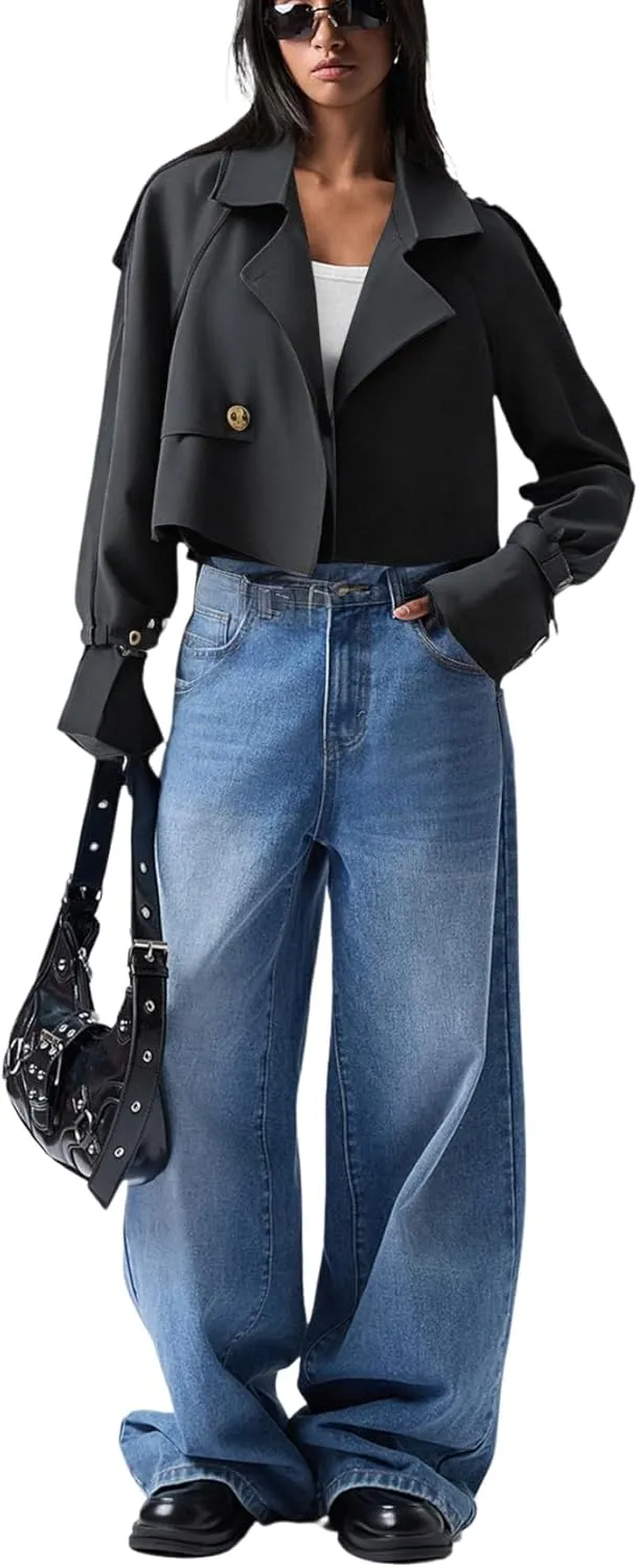 Verdusa Women's Button Front Buckle Raglan Sleeve Crop Jacket Trench Coat